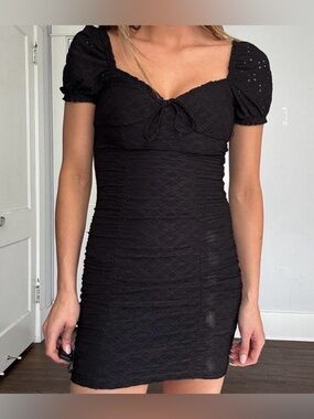 H&M Divided Black Eyelet Ruched Mini Dress